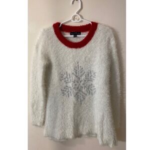 Cottagecore Snowflake Fuzzy Sweater Susan Graver Small Ivory Red